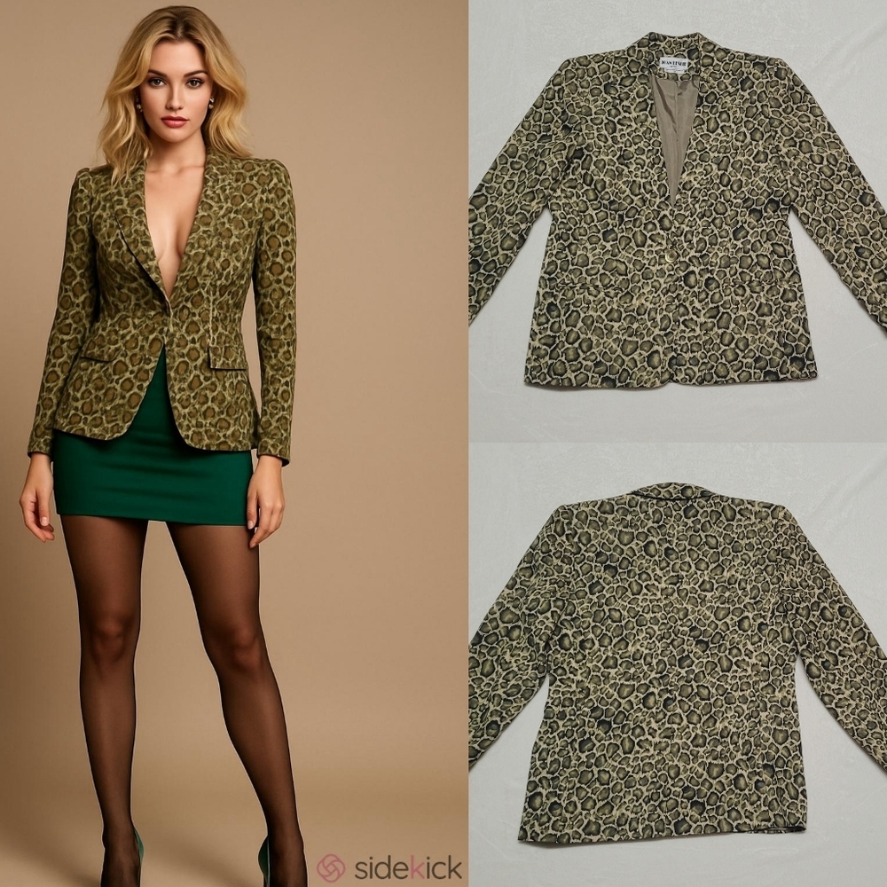 Joan Leslie Vintage 80s Green Leopard Print Crepe V-Neck Fitted Blazer Jacket 10
